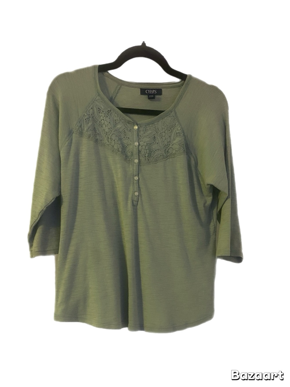 Chaps Olive Lace-Yoke Henley 3/4 Sleeve Top